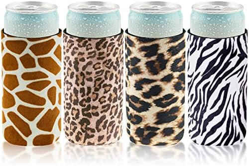 Охладител за тънки кутии от мека кадифена тъкан Casa-Eco от неопрен, 12 унции, с тесни ръкави, за напитки, за момичета, Сватба, моминско парти, събития, 4 опаковки (Леопард, Зебра-Жираф-Леопард)