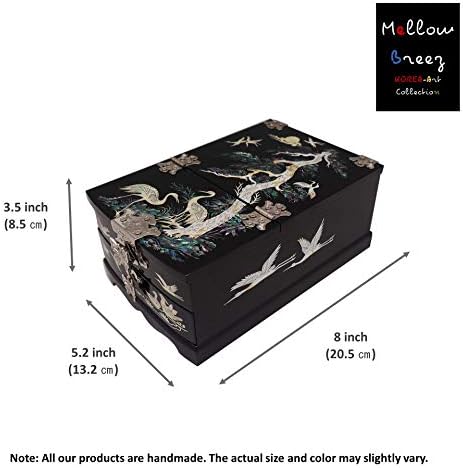 Ковчег за бижута от корейски дърво MellowBreez - Величествен калъф за бижута с огледало - Инкрустация от седеф - Доброто ковчег за бижута с чекмедже - Черно / Госпожица и бор