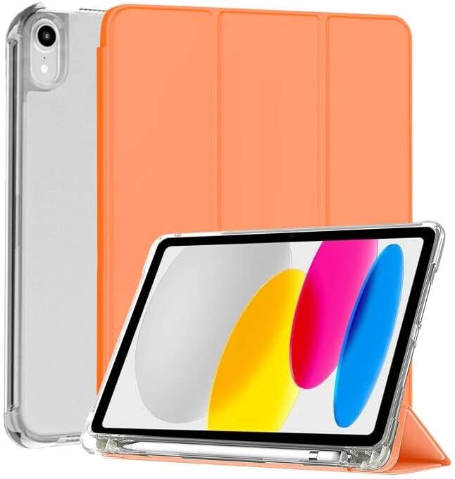 CASZONE най-Новият калъф за iPad 10,9 инча 10-то поколение 2022 с Прозрачен заден панел и противоударной рамка от TPU, Трикуспидалната калъф-поставка за iPad 10,9 инча с автоматична функция за събуждане / сън, оранжево