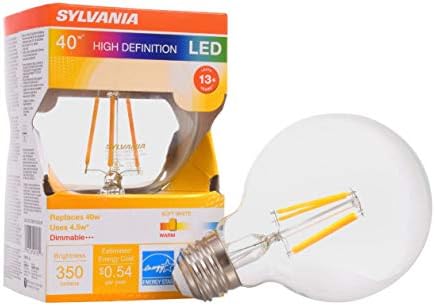 Led лампа SYLVANIA G25 GLobe, еквивалентна 40 W, ефективна 4,5 Вата мощност, с регулируема яркост, в стила на Едисон, на 13 години, 350 Лумена, 2700 К, наивно-бяла, прозрачна - 1 опаковка (40180)