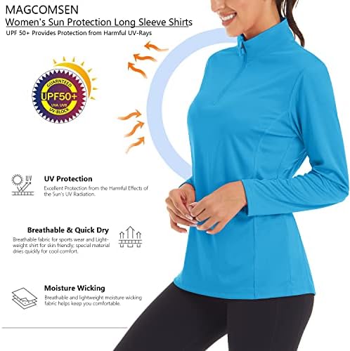 MAGCOMSEN Дамски Ризи С Дълъг ръкав 1/4 Цип UPF50 + UV Защита От Слънцето Бързосъхнеща Тренировка Туризъм, Спортни Ризи за Защита От Акне