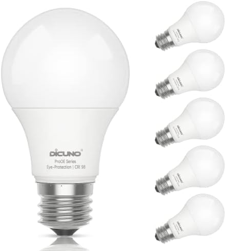 Led лампи DiCUNO ProOE A19 мощност 60 W, еквивалент на 3000 K, warm White, 806 Лумена, 9 W, Висока CRI 98, Без регулиране на яркостта, 100-240 В Средната база E26, Матово покритие, Опаковки от 6