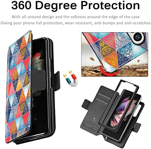 Miimall Съвместим калъф Samsung Galaxy Z Fold 3, Кожен портфейл от изкуствена кожа с поставка за карти, устойчив на удари калъф със защита от надраскване, Цветни Защитен калъф за Galaxy Z Fold 3 2021 (Цветен диамант)