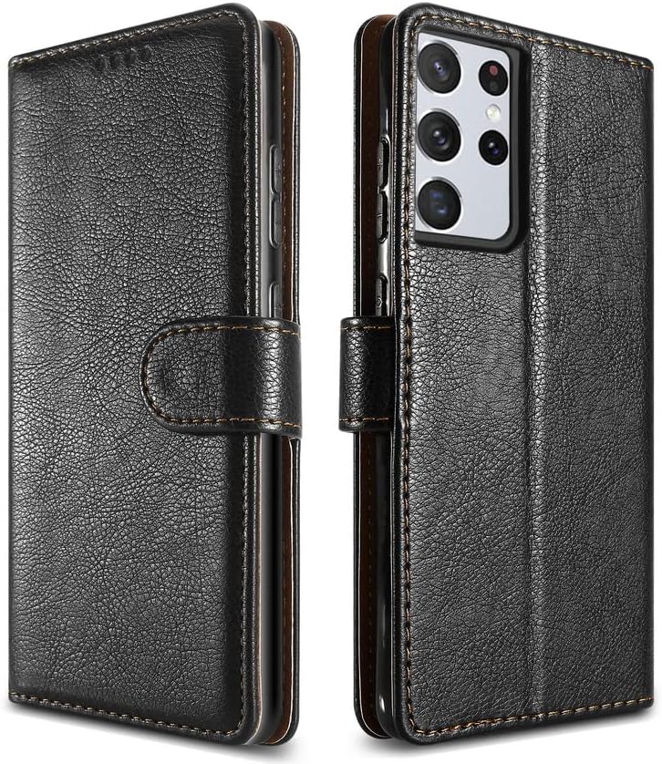 Samsung Galaxy S21 Ultra 5G Черна чанта-портфейл (6,8 инча) 2022 модел, [Воловья кожа] флип-надолу капачката [RFID Заключване] Държач за карти [устойчив на удари вътрешен калъф от TPU] Магнитен калъф-за награда-фолио,