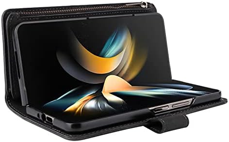ZZXX Чанта-портфейл за Samsung Galaxy Z Fold 4 с отделение за карти [RFID заключване] От мека изкуствена кожа с цип, флип-фолио с каишка на китката, Защитен калъф за своята практика чантата Galaxy Z Fold 4 (черен -7,6