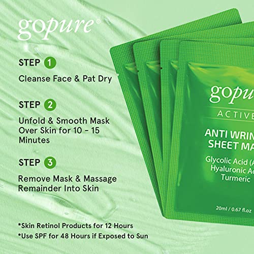 Подаръчен комплект goPure Против бръчки - 4 Натурални маски-лист за лице - Овлажняващи маски за лице за избелване, изглаждане и омекотяване на кожата - Спа маски за лице за грижа за кожата на жените