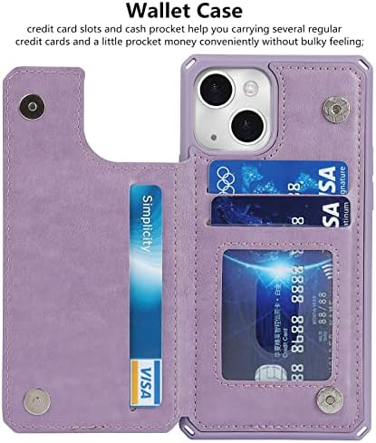 iCoverCase за iPhone 13 Чанта-портфейл с Отделения за карти, Титуляр, Поставка [Заключване на RFID], Magnetic устойчив на удари калъф от Тисненой Кожа с каишка на китката (Лилава сърцето), Лилаво