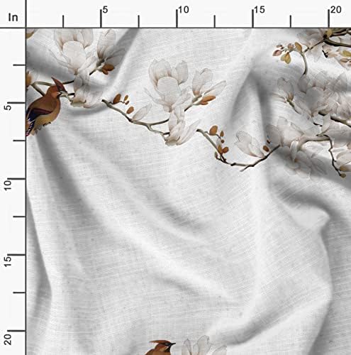 Плат за шиене от бял futon поплин Soimoi с принтом цветя и птици Бюл-бюл ширина 58 см