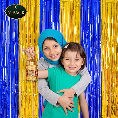 Пердета с ресни от фолио LOLStar Рамадан Карим, Мюсюлмански украса за дома на Рамадан, 2 Опаковки синьо-Лилаво-Златен мишуры размер на 3,3 x 6,6 фута, Подпори за фотобудки, Декоративен фон за ислямския празник Ейд Мубарак